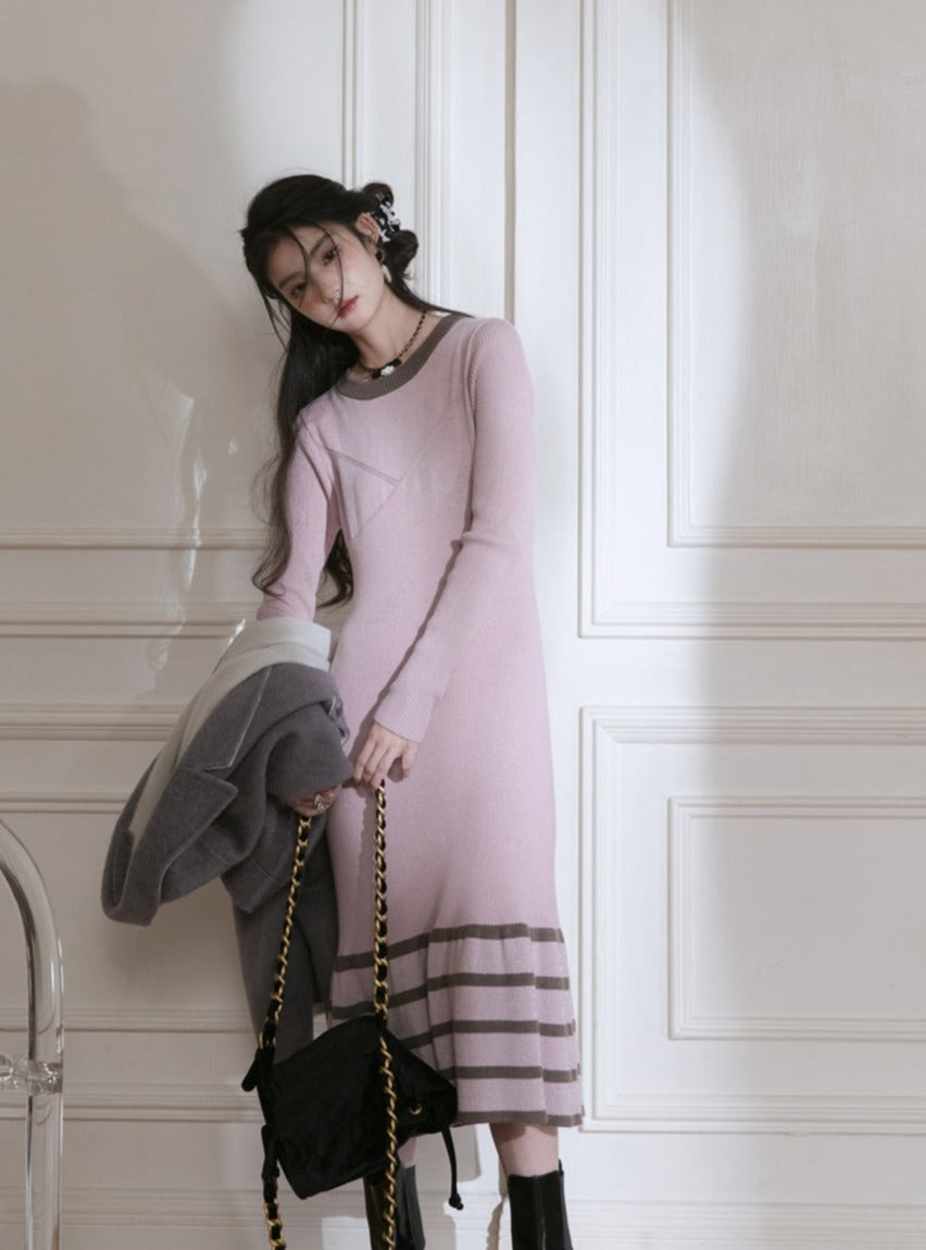 Pink Rose striped woollen knit dress