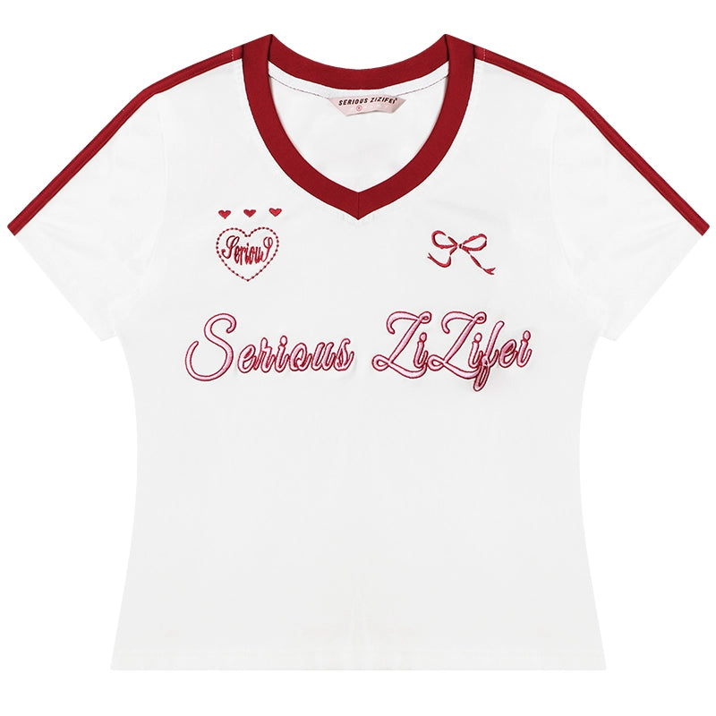 Retro Letter Embroidery V-Neck Top