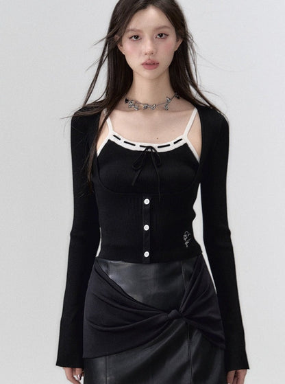 Black suspender knit cardigan two-piece set