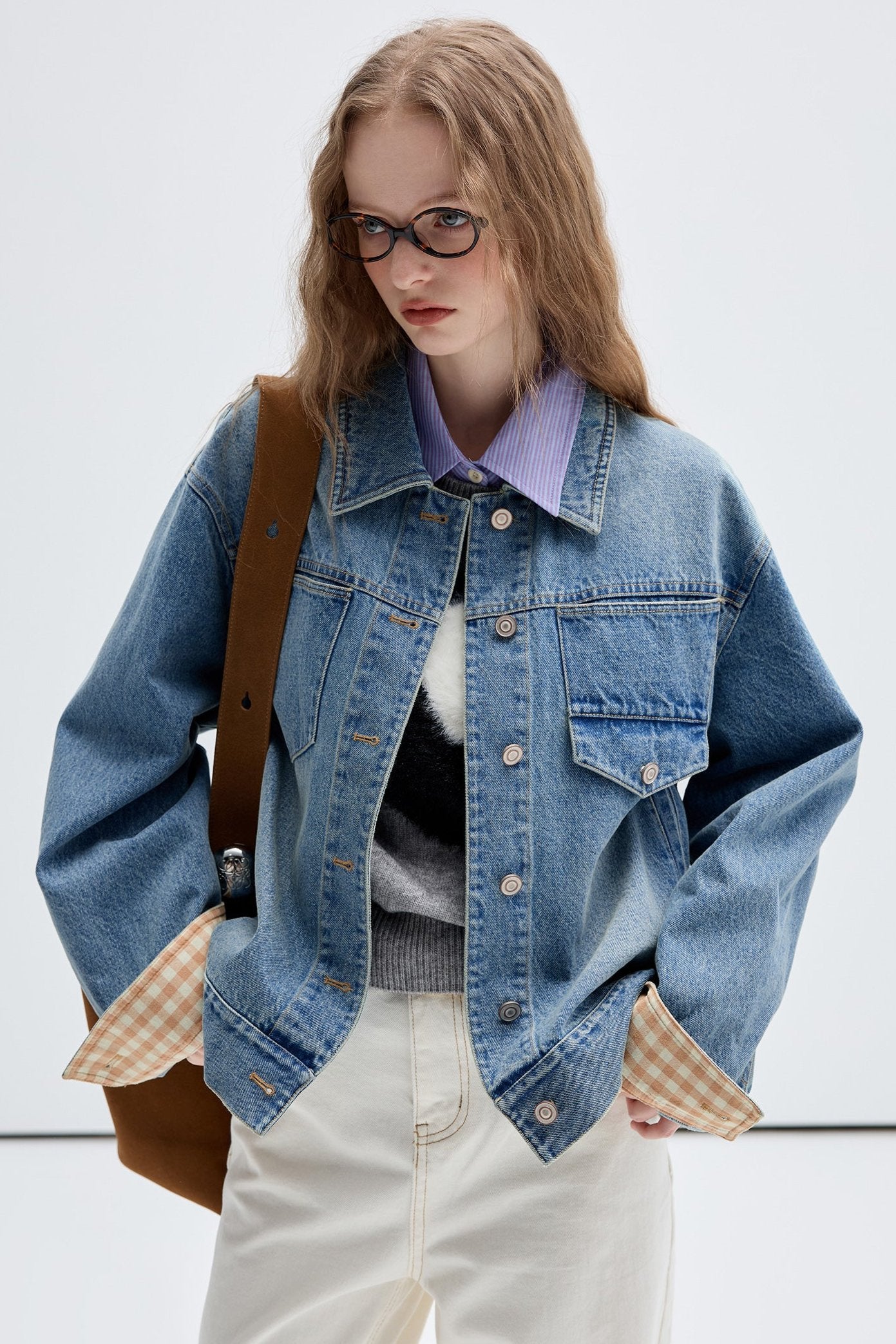 VEGA CHANG DENIM SHORT JACKET WOMEN'S FALL 2024 NEW AMERICAN RETRO PATCHWORK WASHED LOOSE TOP