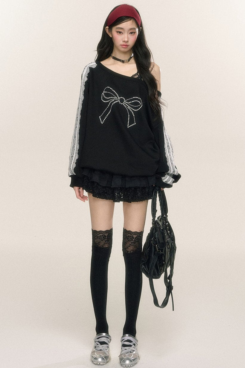 Slanted Shoulder Bow Loose Sweatshirt