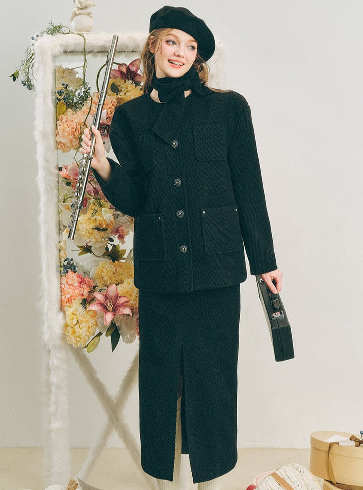 Wool Jacket with Black Slit Skirt Set