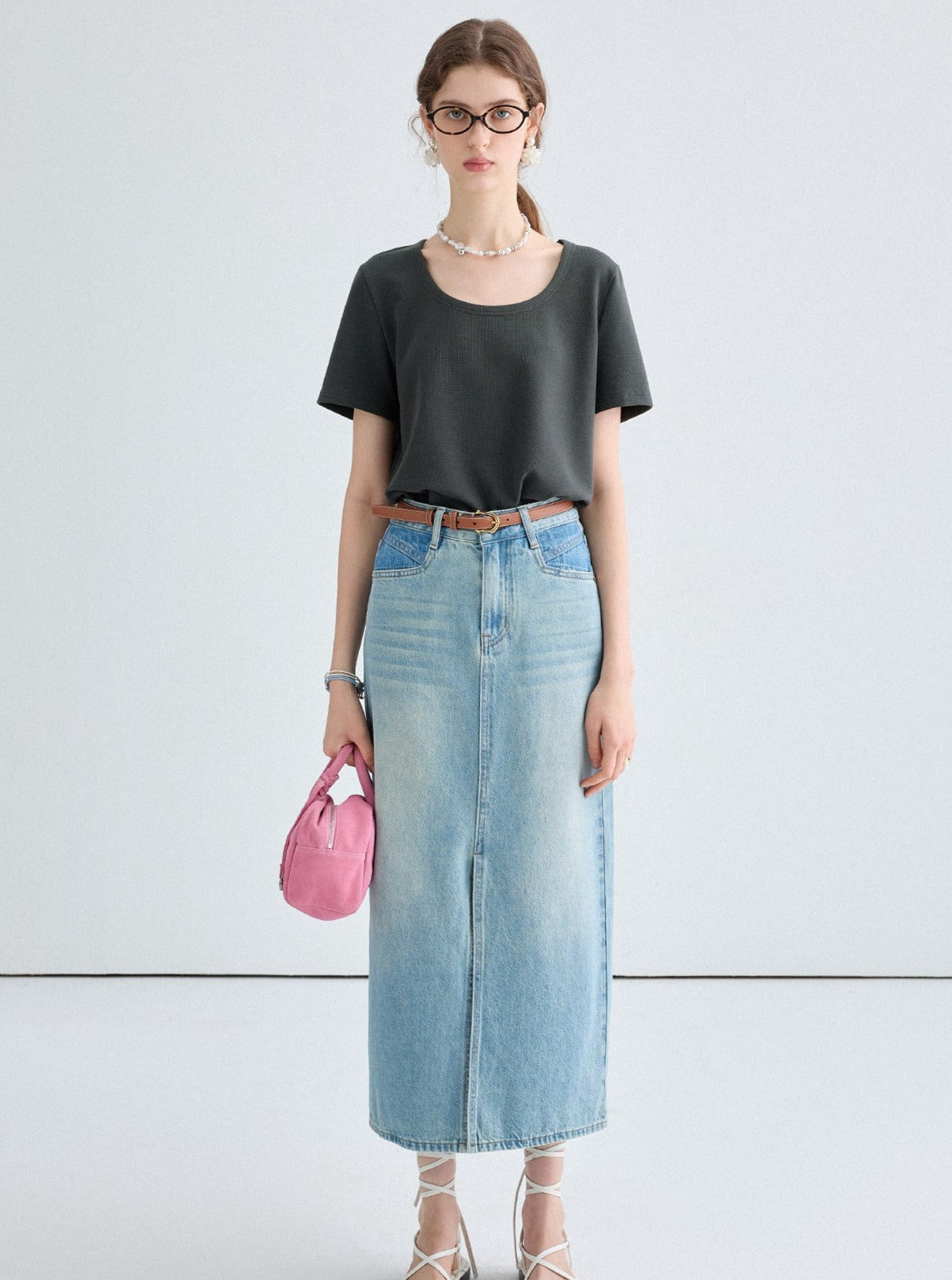 Front Slit Denim Maxi Skirt