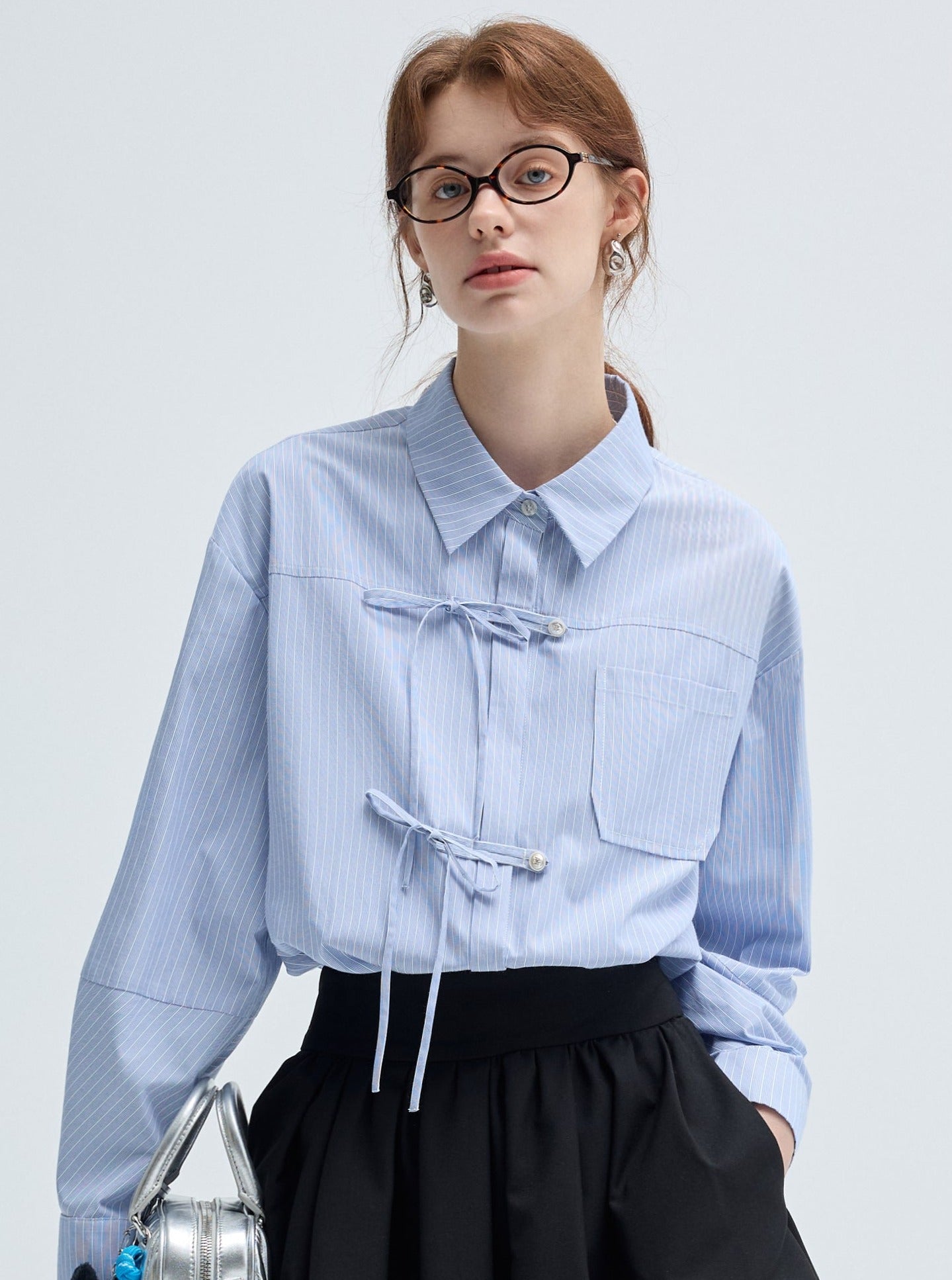 Bow Placket Striped Shirt