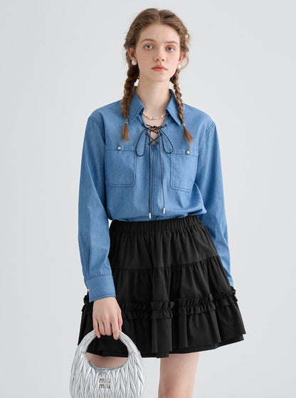 Retro denim lace-up shirt