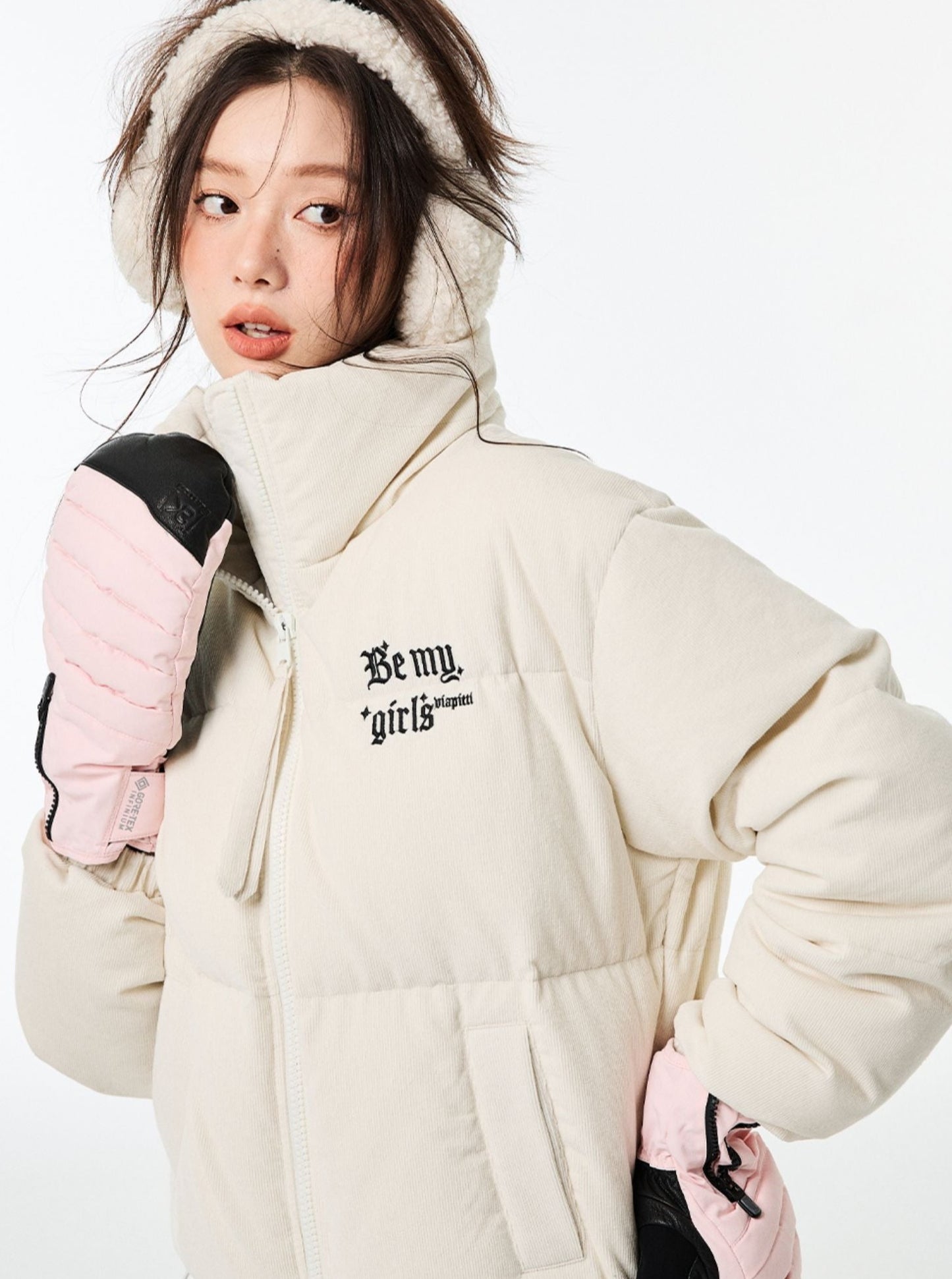 Embroidered letter high neck down jacket