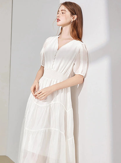 French Elegant V-Neck Puff Sleeve Dress