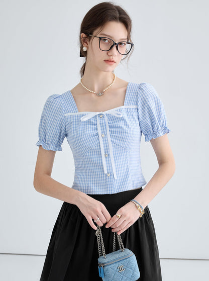 Blue And White Puff Sleeve Top