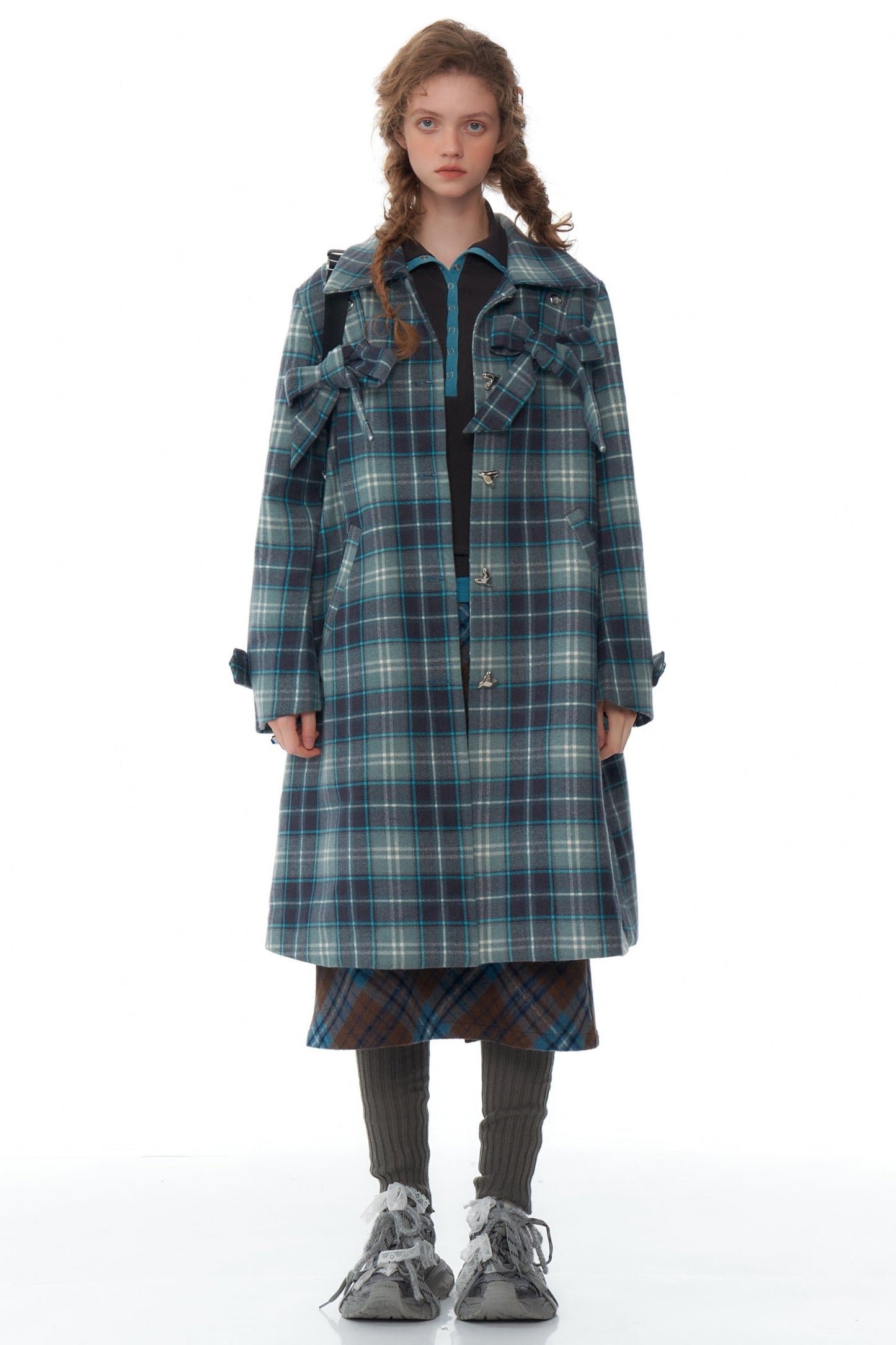 ziziFei autumn and winter American retro sense of luxury mid-length bow blue tartan coat jacket women