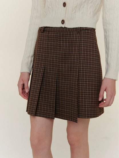 CHECKED PLEATED A-LINE SKIRT