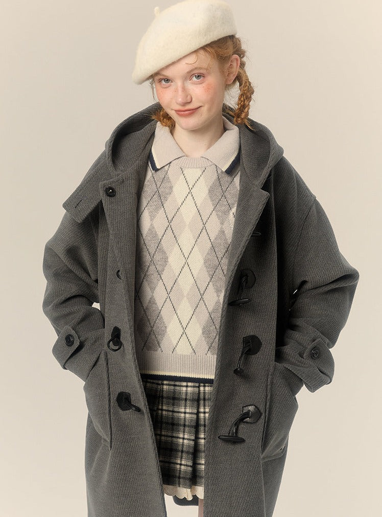 hooded mid-length horn button woolen coat