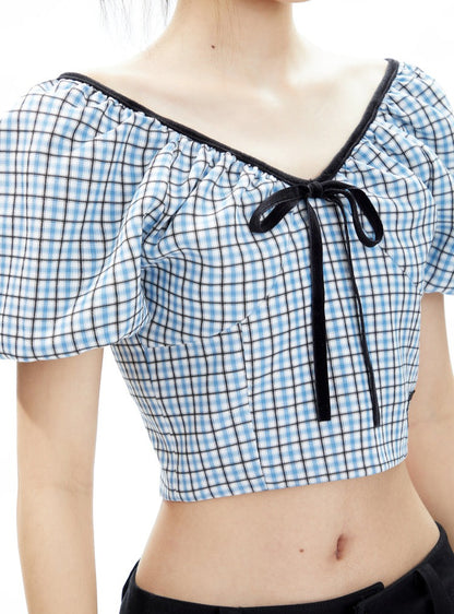 Bow Bubble Sleeve Plaid Short Shirt