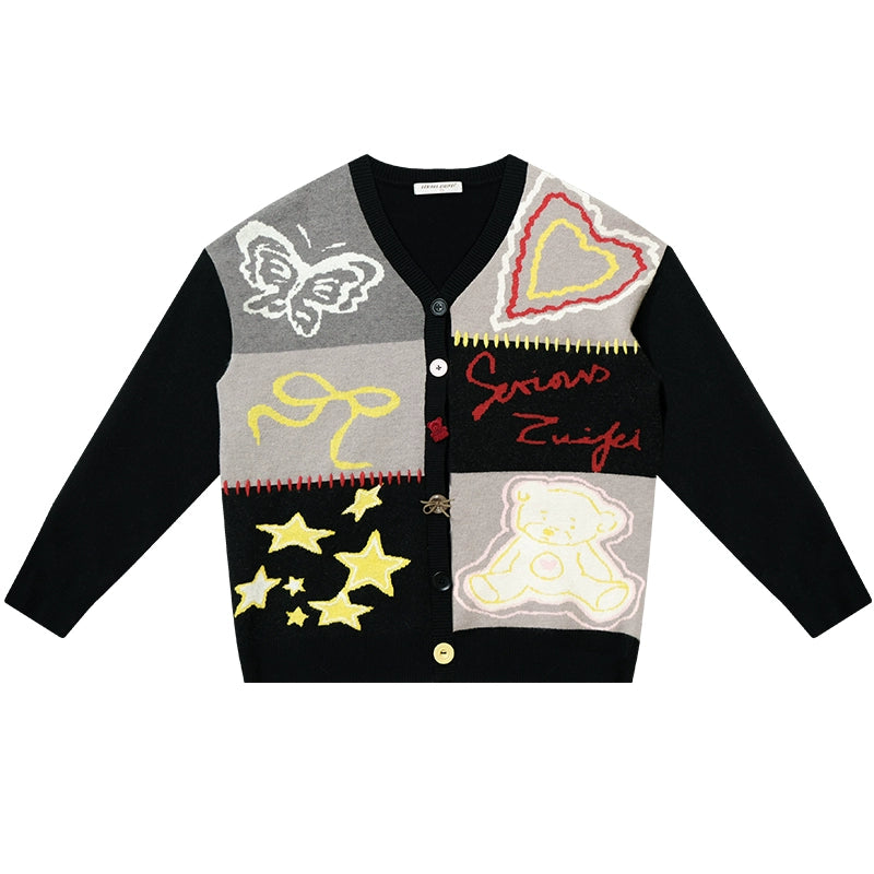 Graffiti Contrast V-NECK CARDIGAN