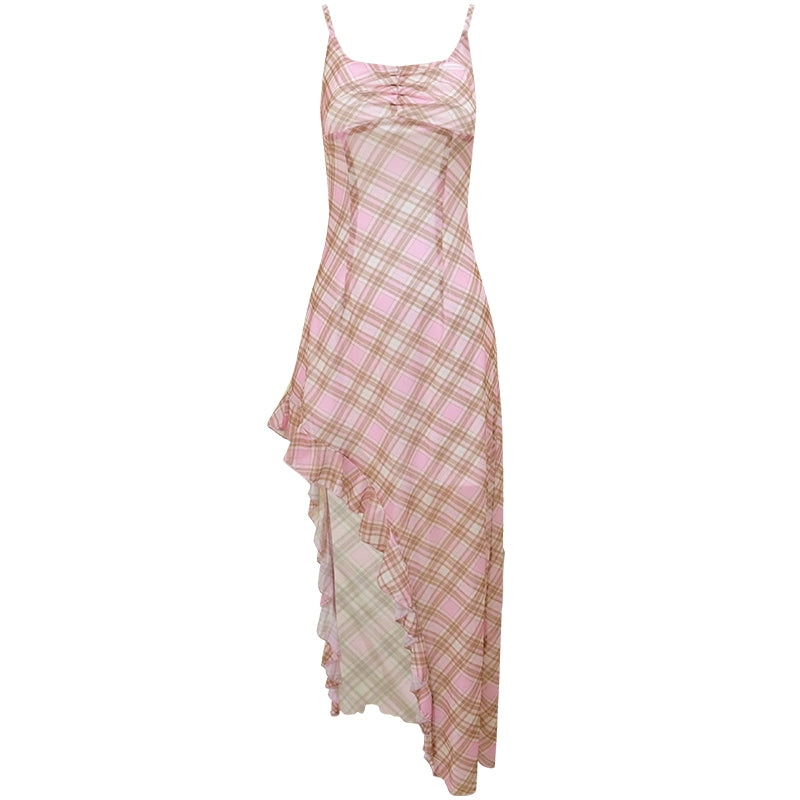 Pink Check Irregular Slip Dress