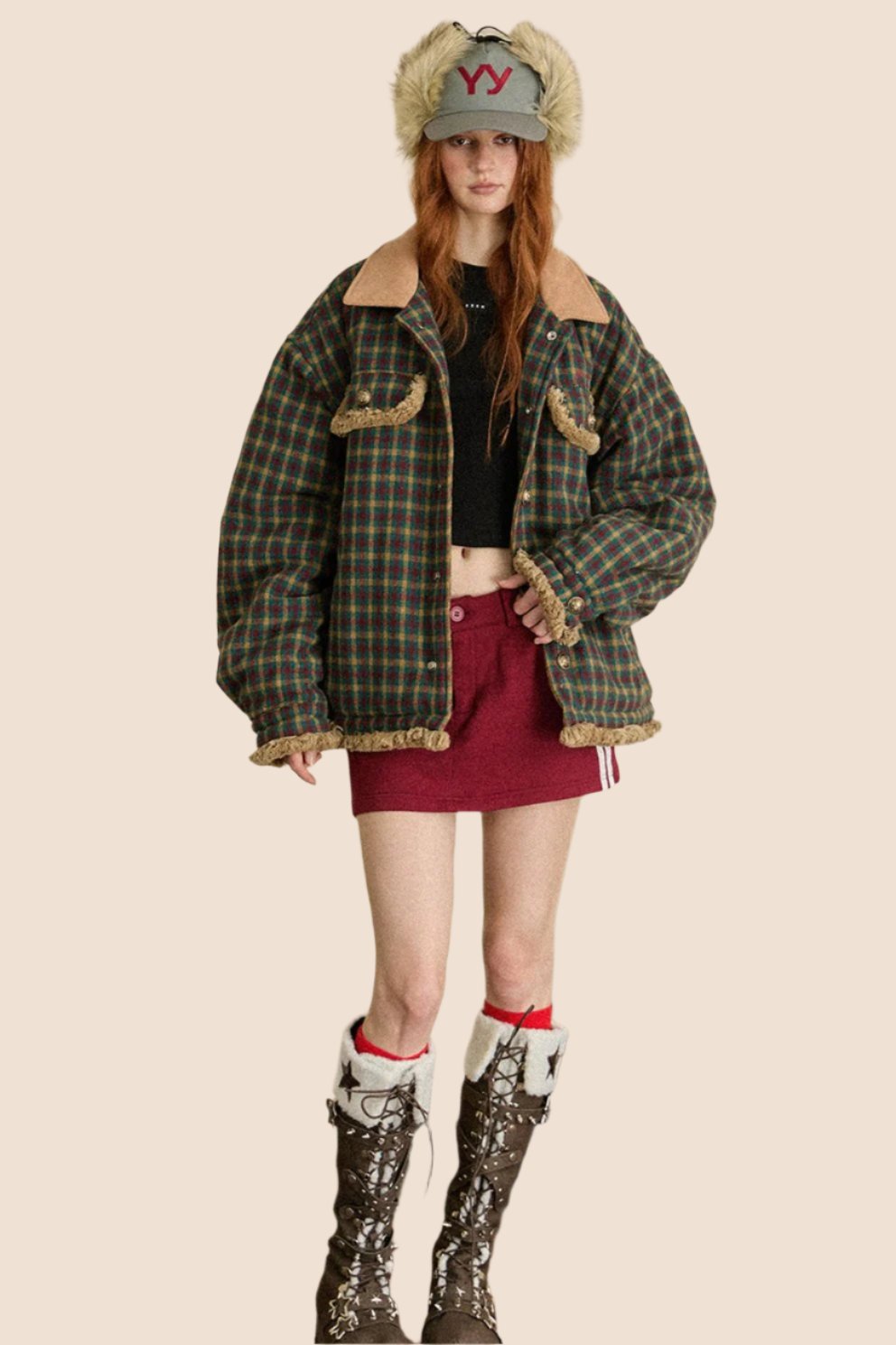 EZEK American Vintage Kontrast Plaid Revers College Jacke Frauen Herbst lässig lose Baseball Jacke Top