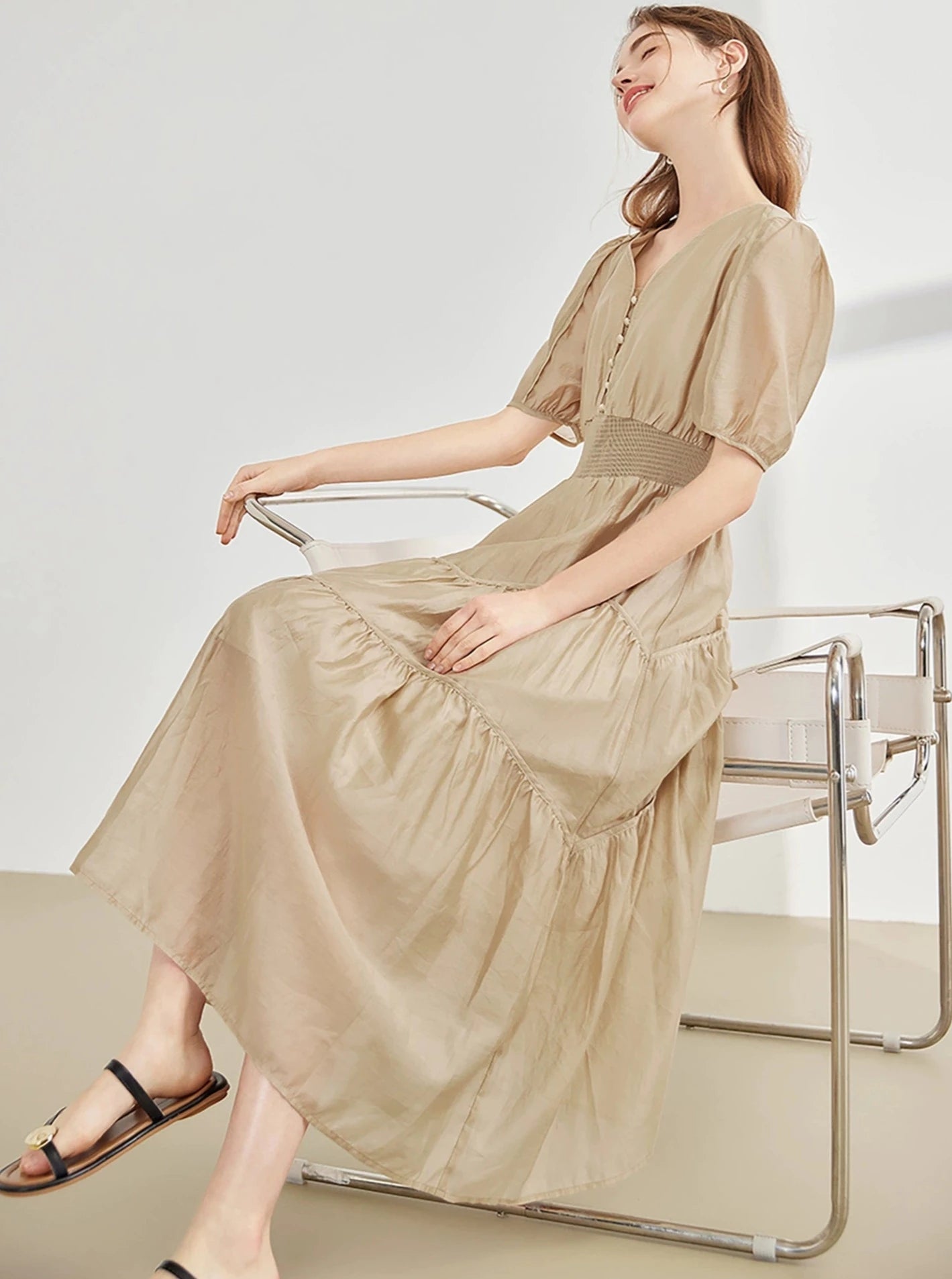 French Elegant V-Neck Puff Sleeve Dress