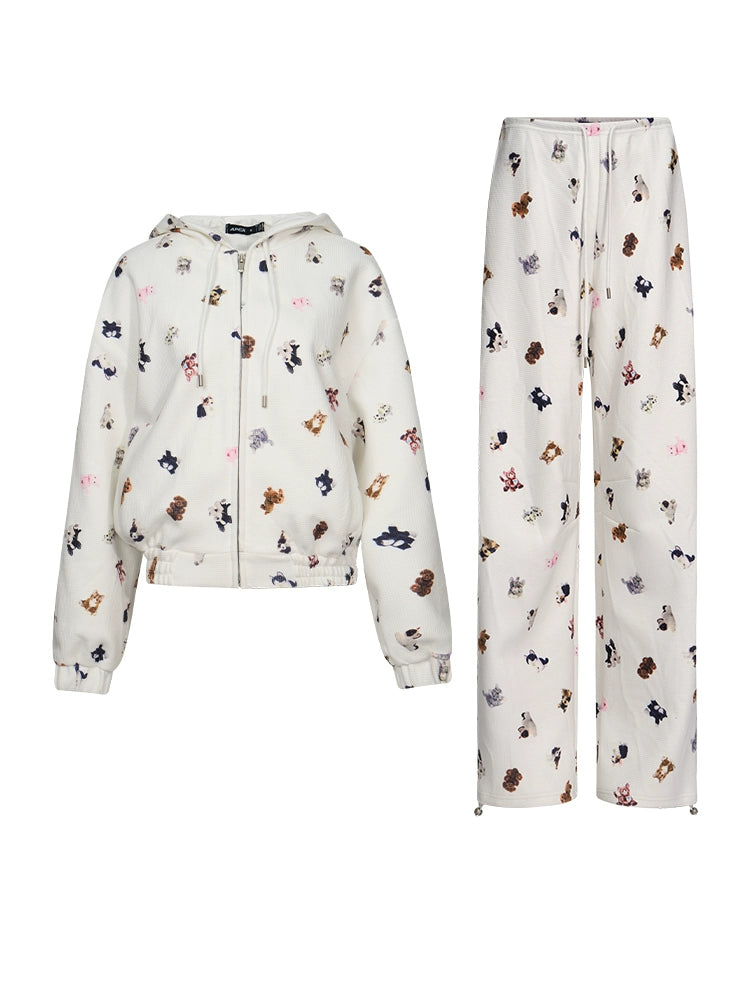 APEA Herbst Bubble Girl Puppy Cartoon Print Cropped Waffle Extra Casual Trouser Set