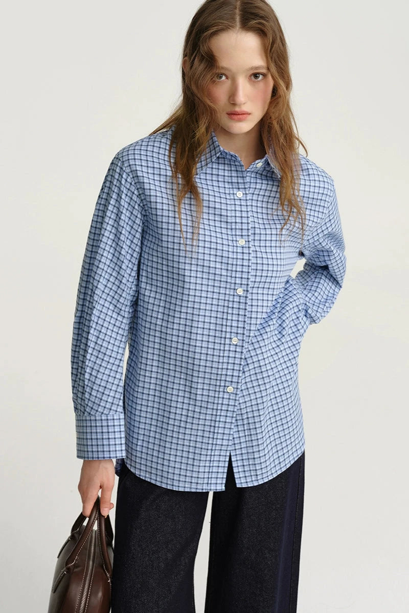 DESIGNER PLUS BLUE PLAID MIU SHIRT PRE-FALL 2024 LAZY RETRO COTTON SHIRT