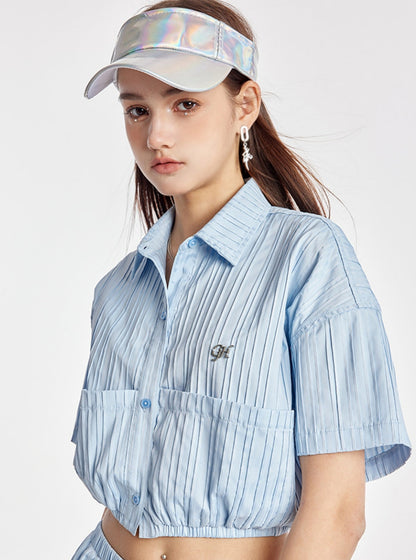 Sky Blue Elasticated Crop Shirt With Simple Skirt Set-Up