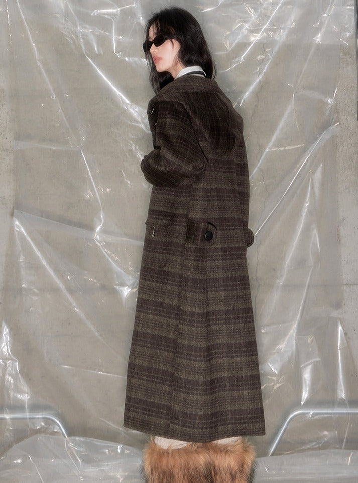 Plaid hooded tweed coat