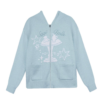 SagiDolls Girl's Fighting Spirit Winter Visitor Fairy Tale Jacquard Lake Blue Hooded Sweater Appears White Loose and Versatile