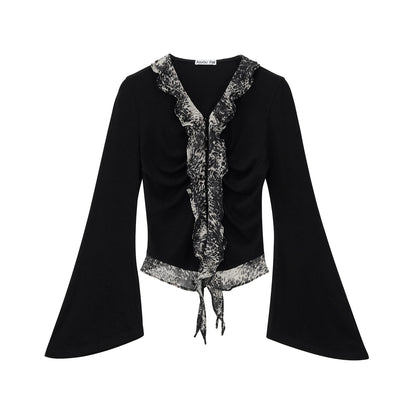 Lyocell Wool Leopard Bell-Sleeve Blouse