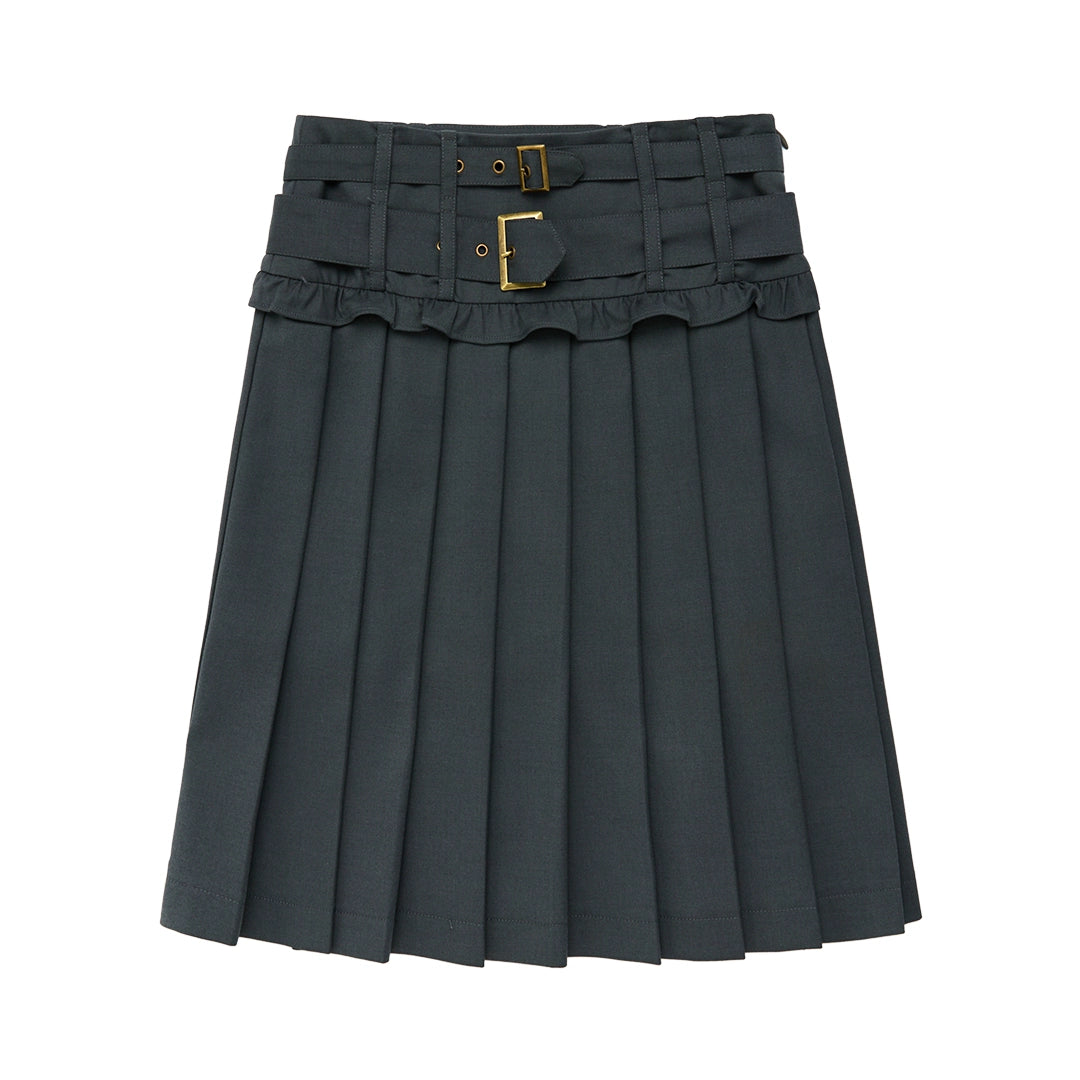 American Double Belt Pleated Skirt