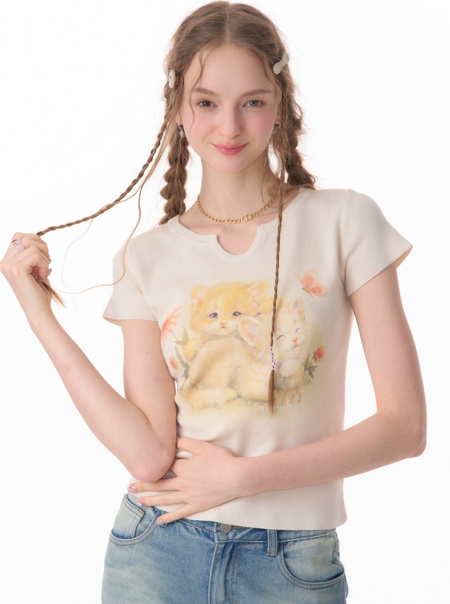 Retro Cat Print Slim T-shirt