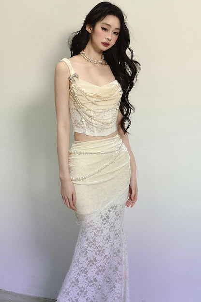 Gilt Night Banquet Lace Vest & Fishtail Skirt Set-Up