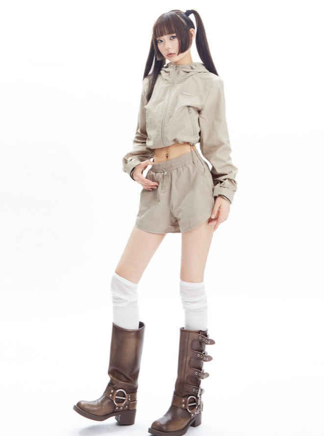 Hooded Casual Coat And Shorts Set