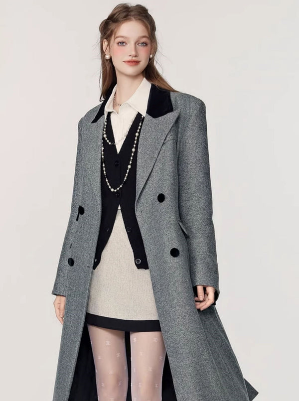 Spliced herringbone midi tweed coat