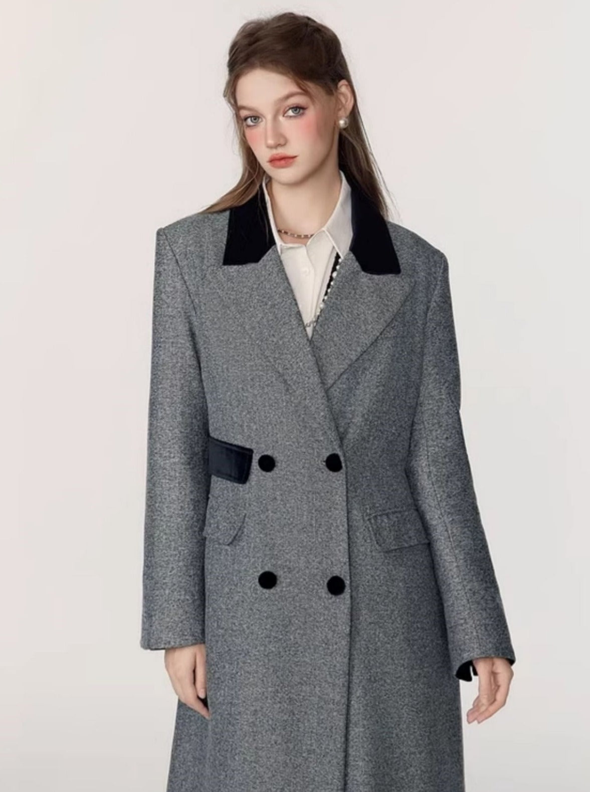 Spliced herringbone midi tweed coat