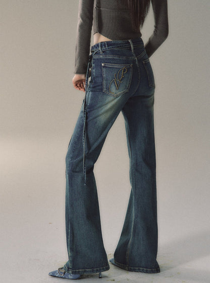 Vintage Flared Belt Jeans Hosen