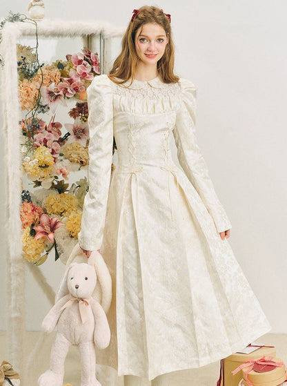Snow puff sleeve jacquard lace-up dress