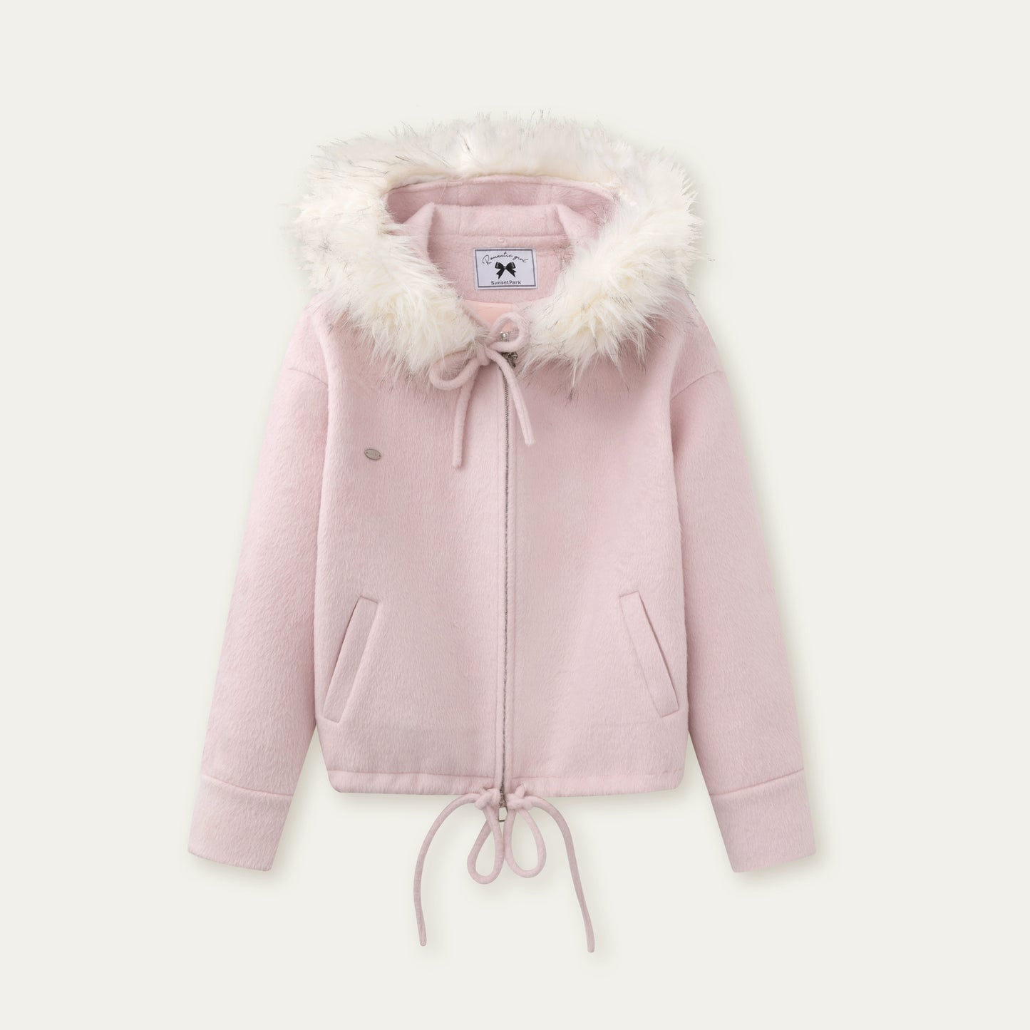 Gray Pink Wool Fur Collar Jacket