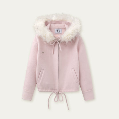 Gray Pink Wool Fur Collar Jacket