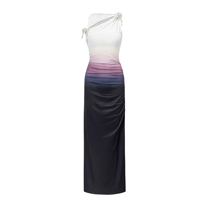 Waist drawn-in flat shoulder sleeveless gradient dress