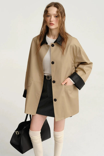 DESIGNER PLUSpu patchwork collar contrasting trench coat women's autumn midi lyocell cotton temperament jacket