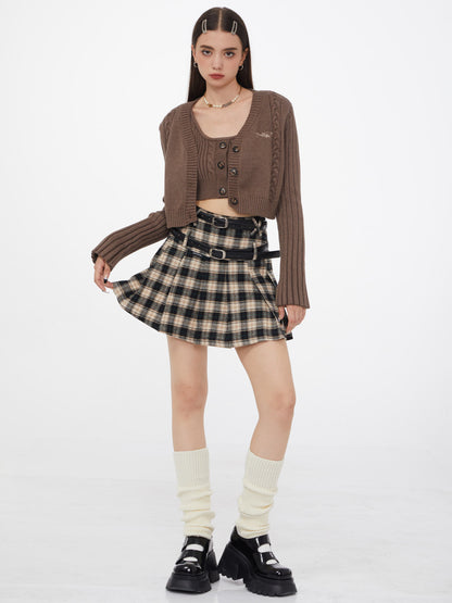 American retro a-line high-waisted check plaid skirt