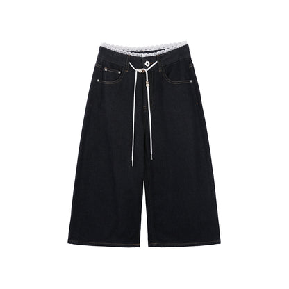 Lace-Detail Denim Culottes Pants