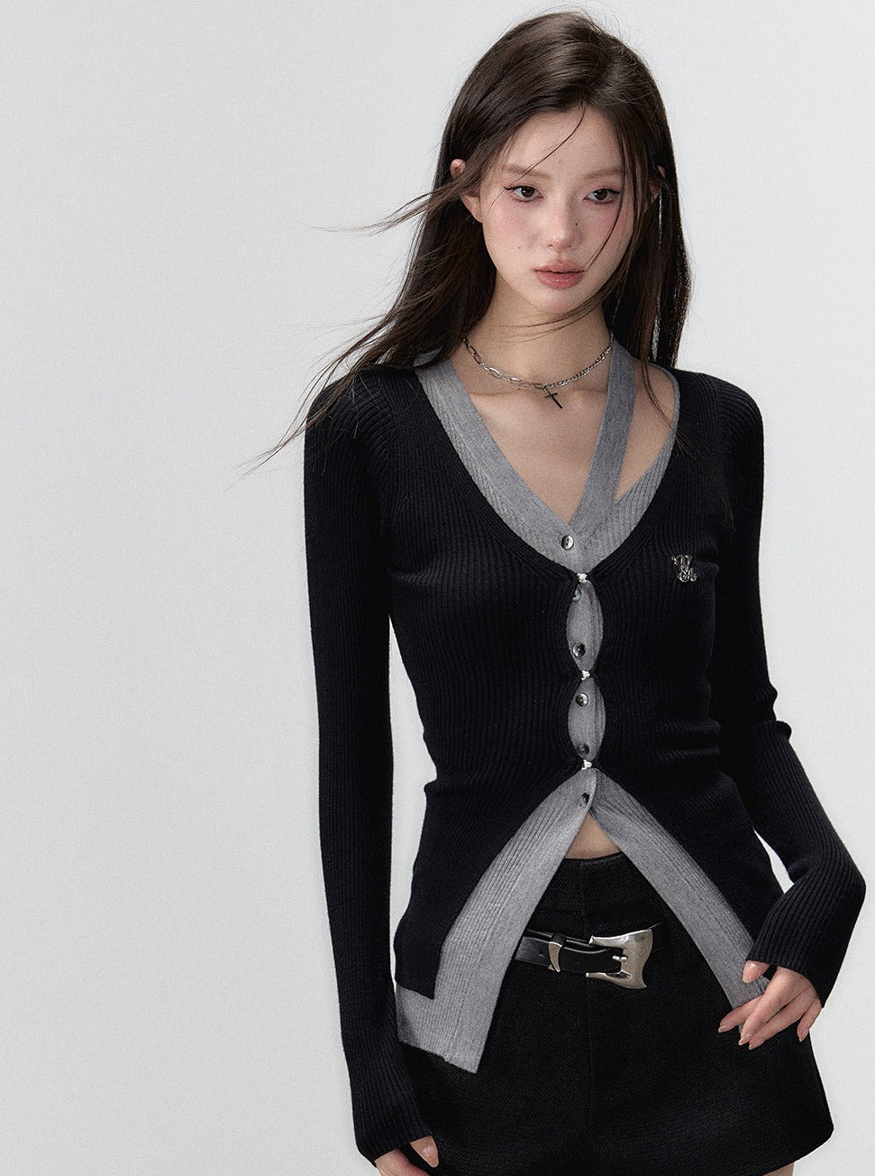 Cropped fake two irregular long sleeve knit top