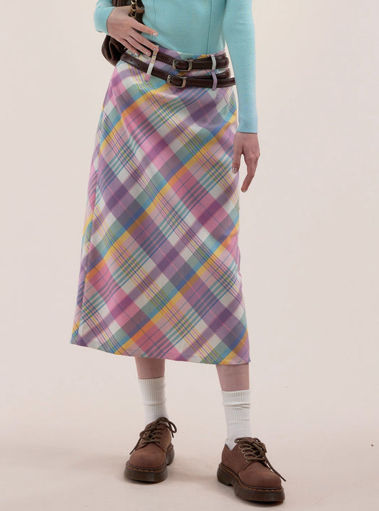 American retro high waist thin mid-length plaid skirt