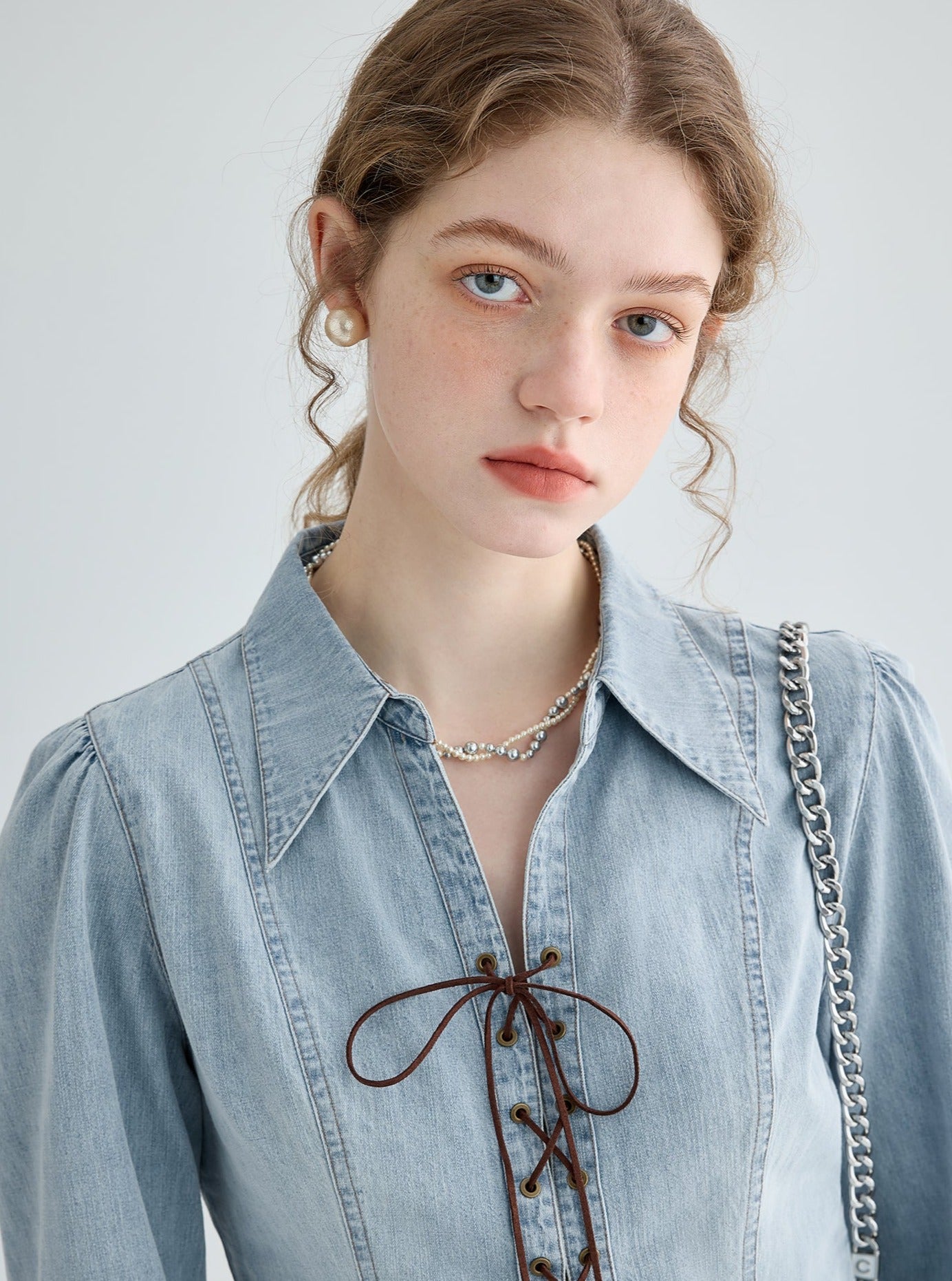 Strappy Washed Denim Slim Shirt