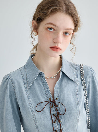 Strappy Washed Denim Slim Shirt