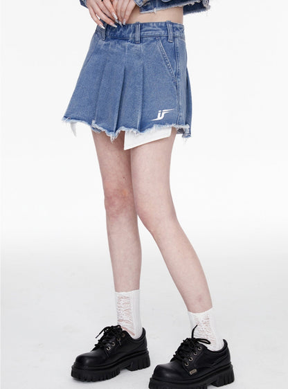 Washed Blue Pleated Denim Skirt