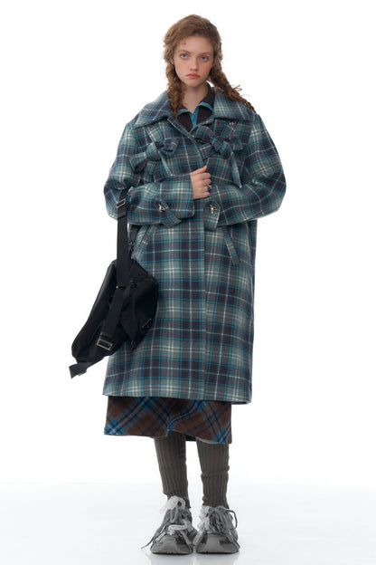 ziziFei autumn and winter American retro sense of luxury mid-length bow blue tartan coat jacket women