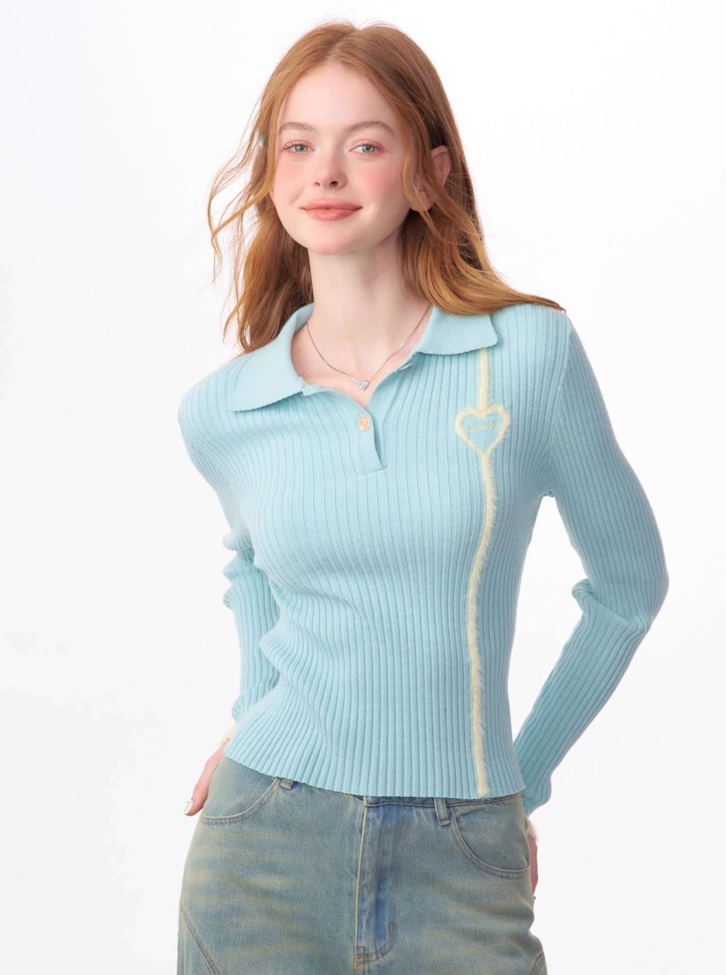 fluffy love slim bottoming polo collar tops