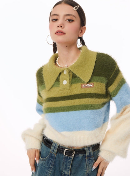 American retro polo neck contrast striped Tops