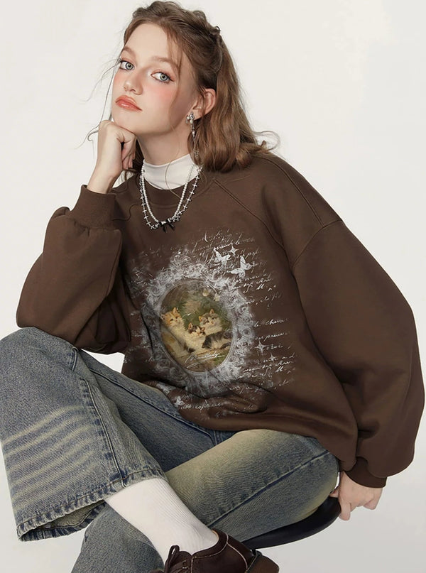 Painting printed oversize round neck versatile tops