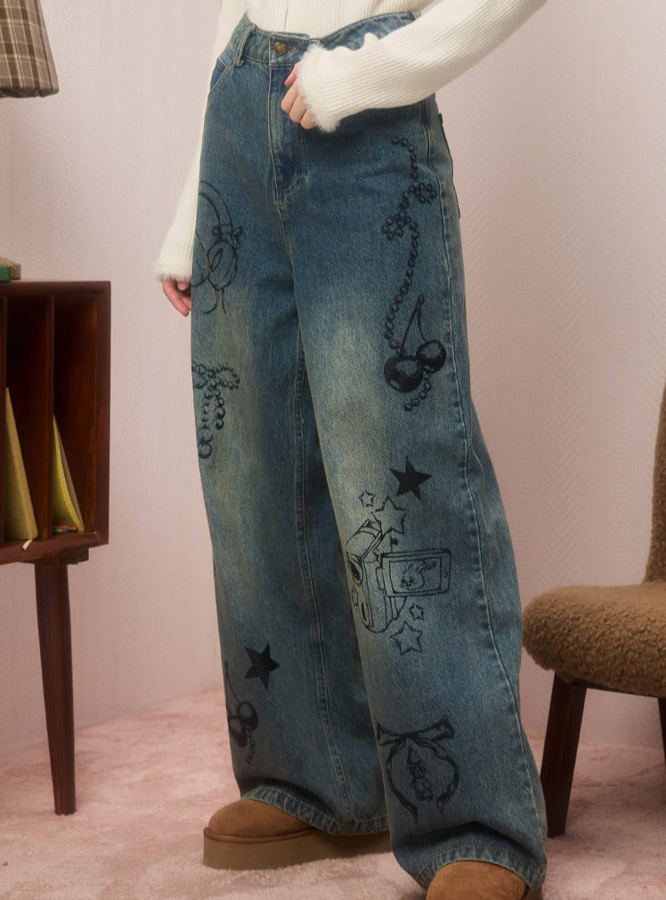 straight-leg hand-painted jeans pants